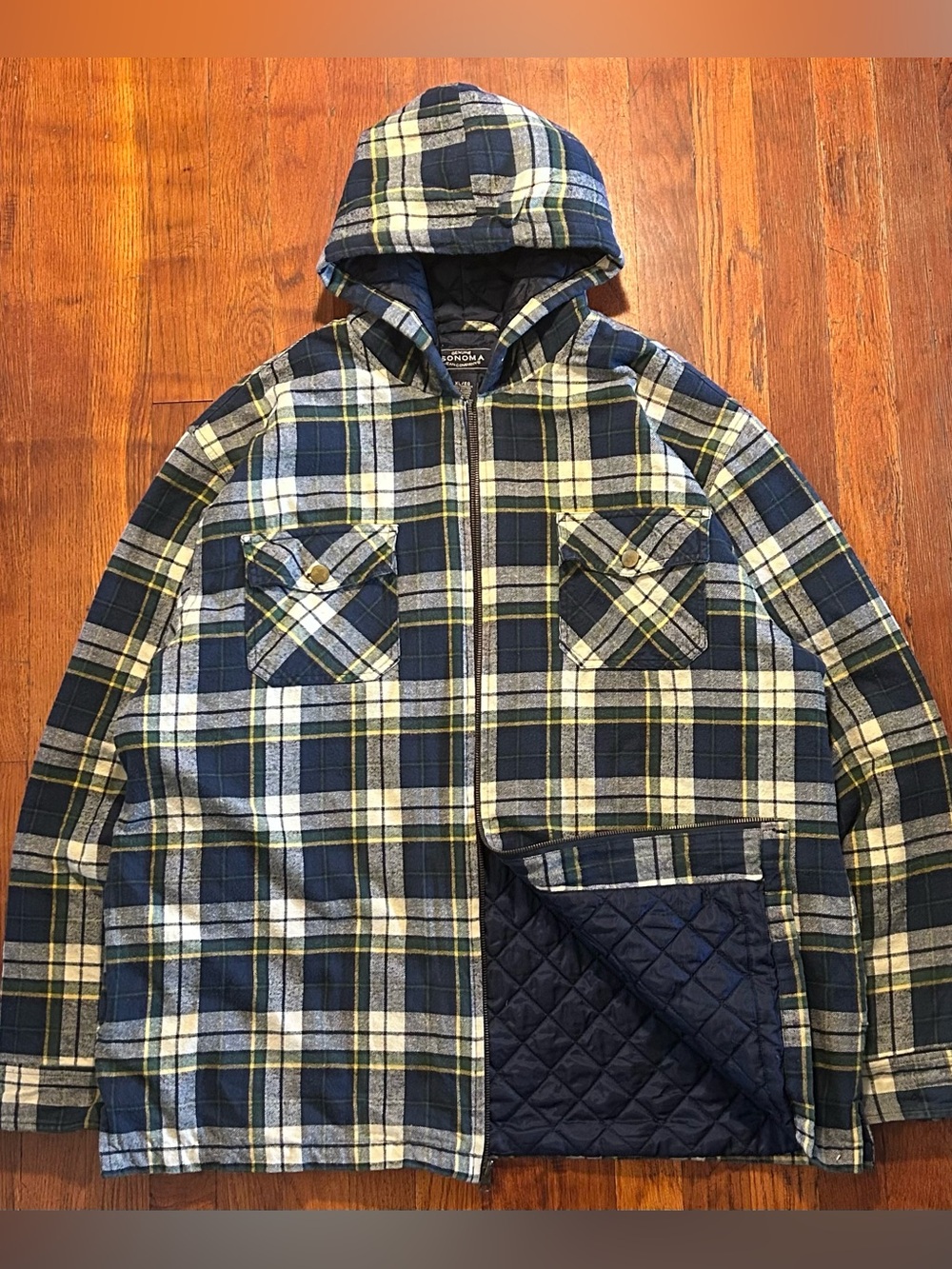 Vintage ‘90s Sonoma Jean Company Flannel Quilt Lined Hooded Zip Up Jacket XL